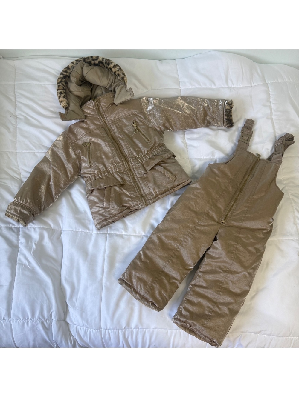 diva y2k 2000s cheetah print fur gold sparkly snow pants & winter coat set 3T